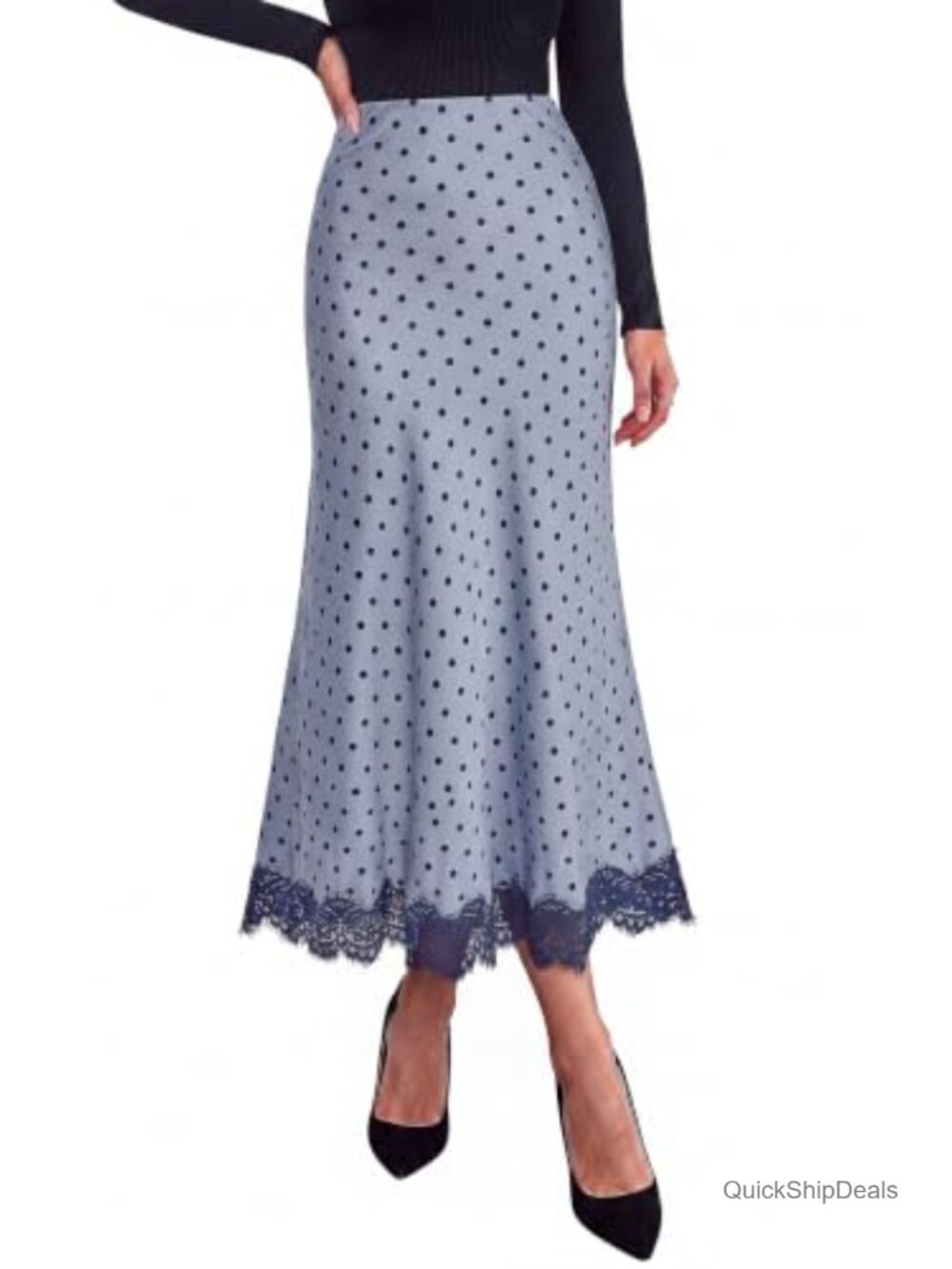 Satin A-Line Midi Skirt High Waist Lace Trim Office Brunch